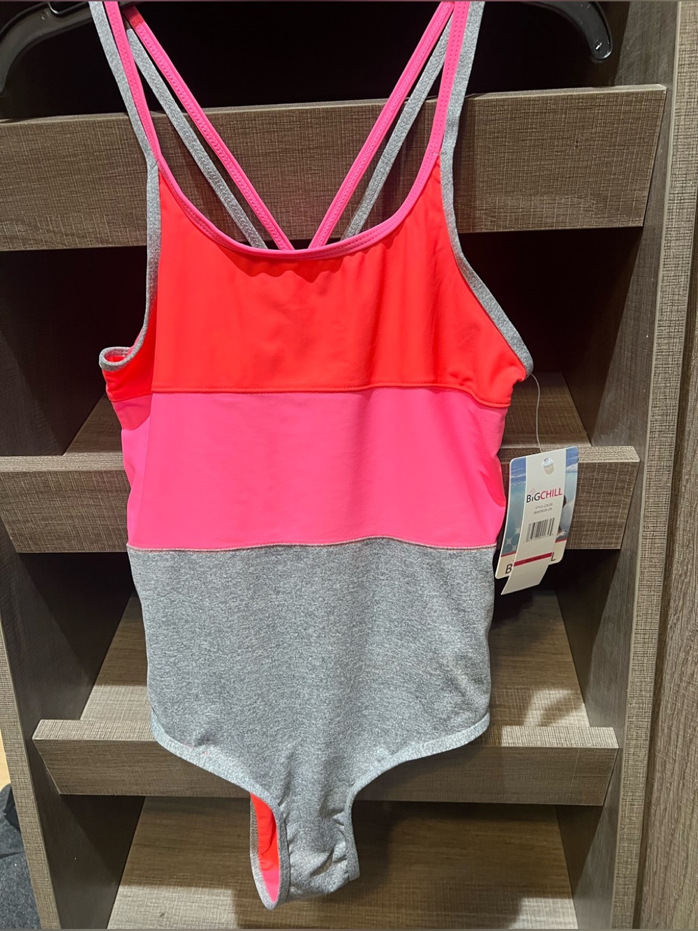 NWT Big Chill Girls' One-Piece Swimsuit - Neon Coral Hot Pink & Gray Sz 14-16